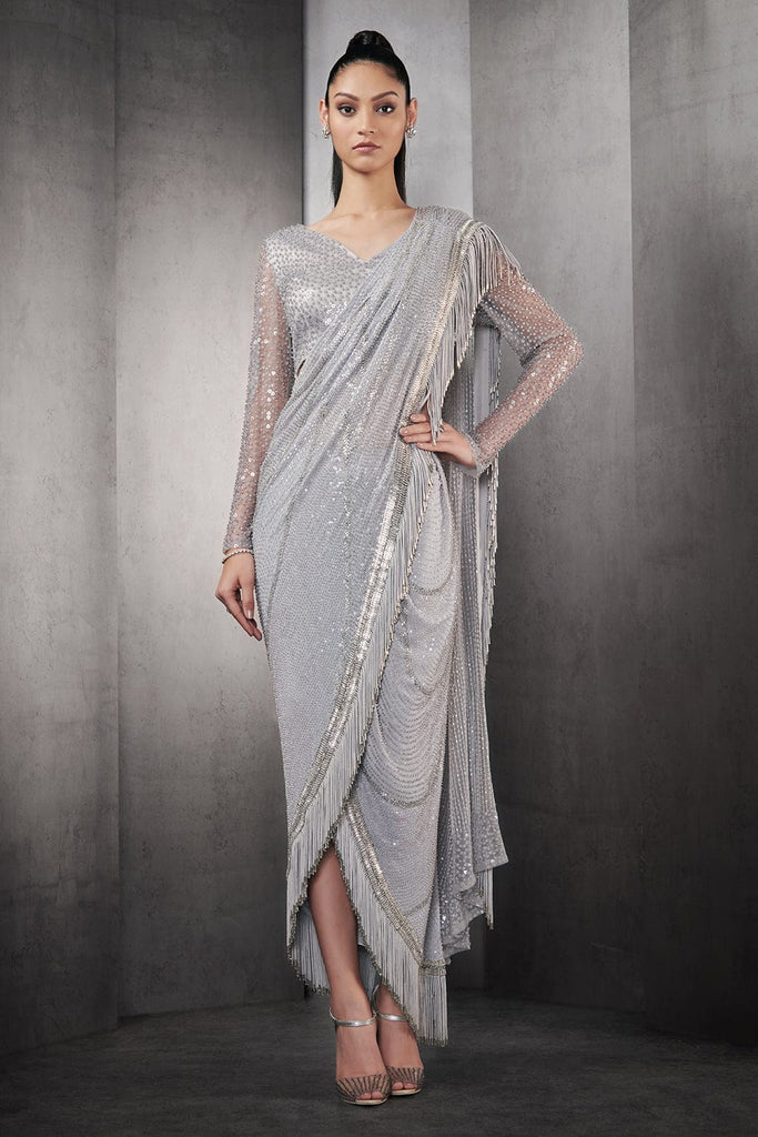 DRAPED SAREE WITH METALLIC FRINGES, PAIRED WITH A ONE-SHOULDER