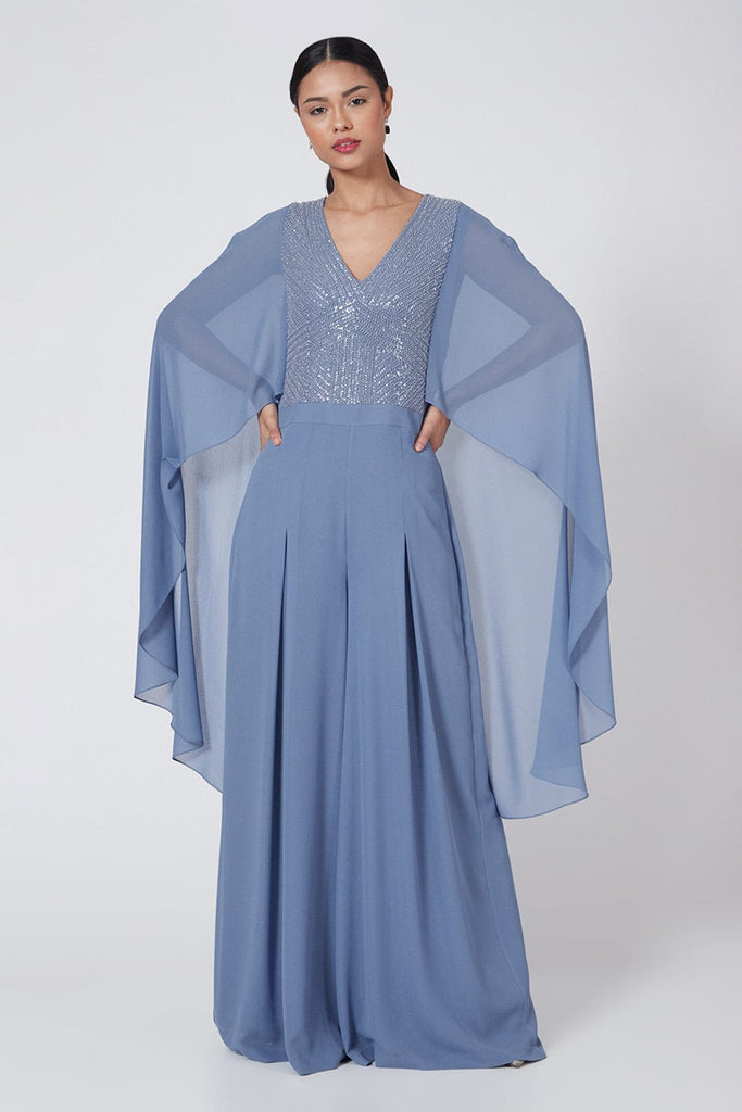 Mystic Blue Jumpsuit In Georgette Base With Cape Sleeves And Bugle And Crystal Embellishment.