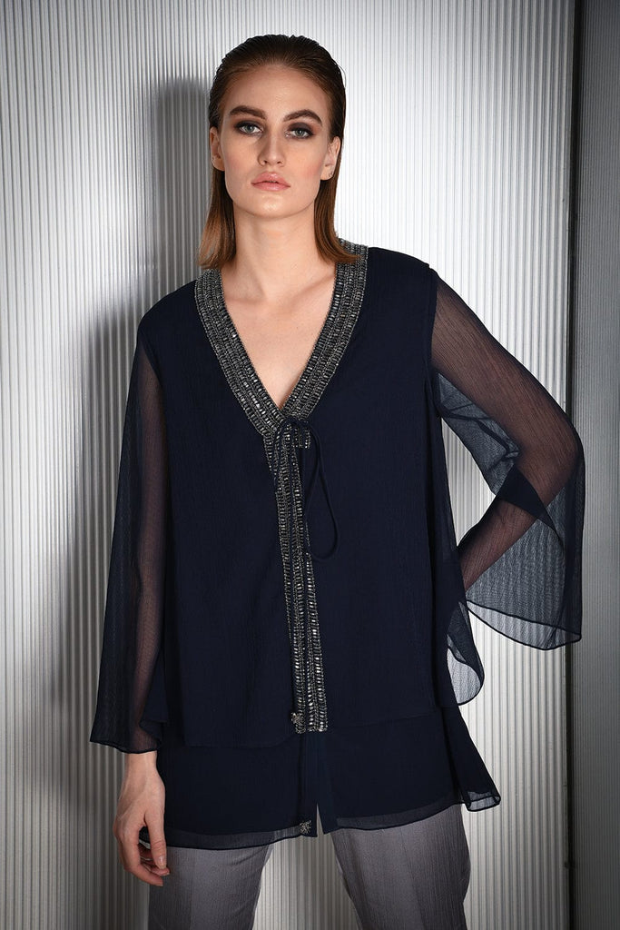FLOWY CHIFFON TOP WITH CRYSTAL EMBELLISHED LAPEL FASTENED WITH DRAWSTRING