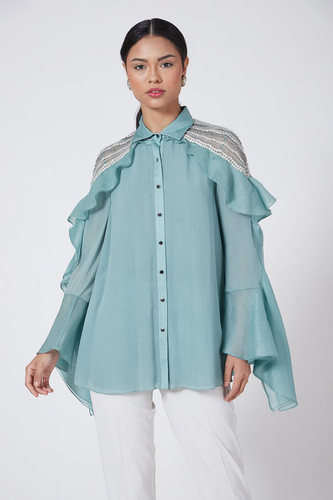 Teal Blue Embroidered Shirt