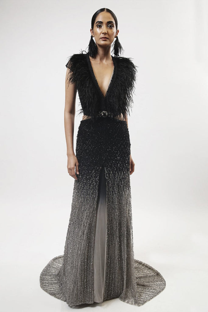 OMBRE SKYFALL GOWN WITH FEATHER CAPE