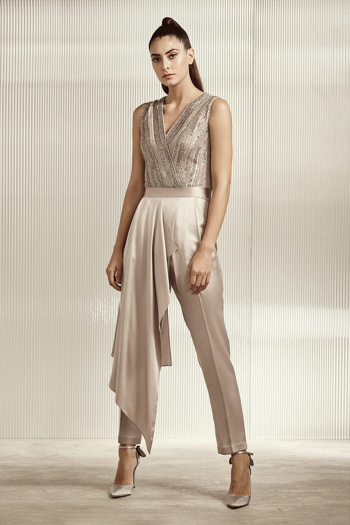 Rose Gold Embellished Draped Jumpsuit