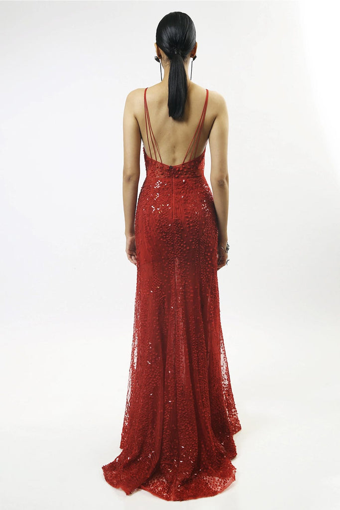 CLARET RED GALAXY HALTER GOWN