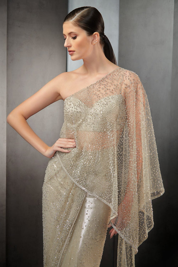 ONE SHOULDER SAREE GOWN WITH FULL SEQUIN EMBROIDERY