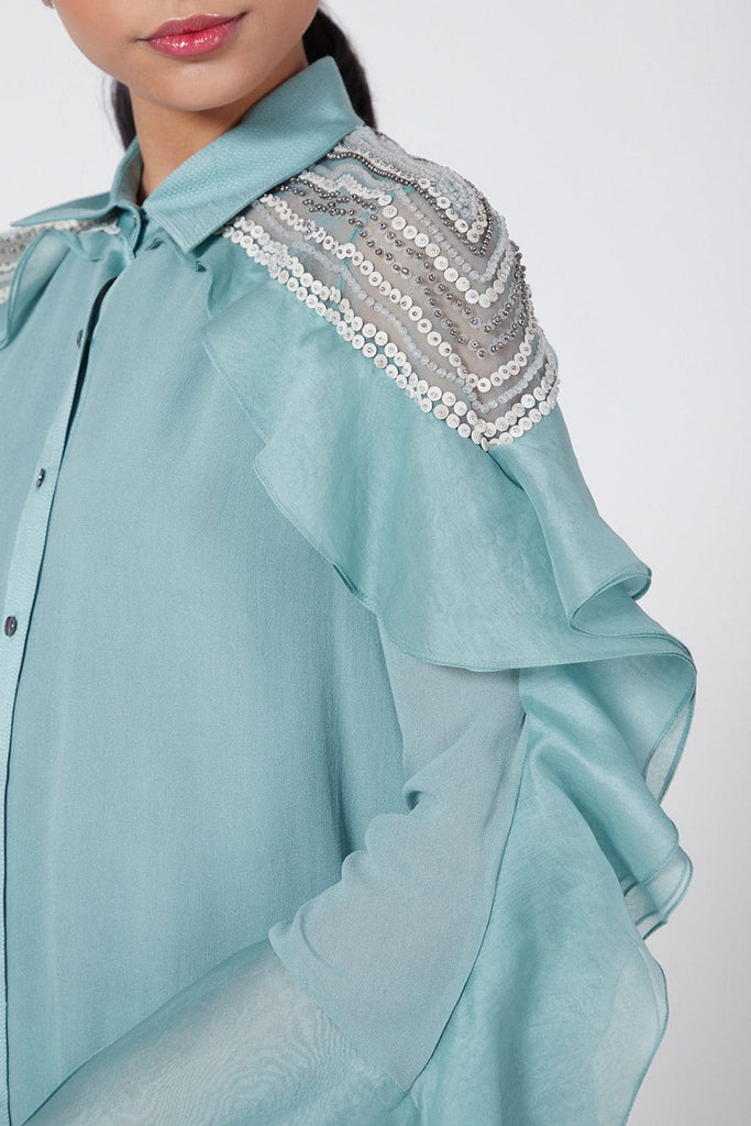Teal Blue Embroidered Shirt